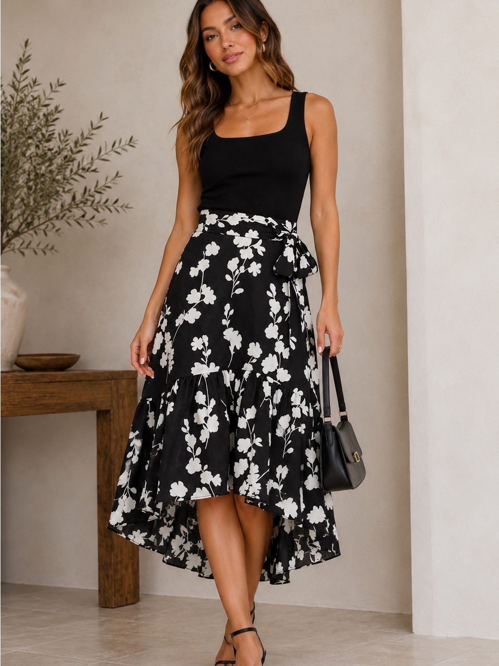 Ann Taylor Petite 6P Black White Floral Wrap Midi Skirt High Low Tie Waist